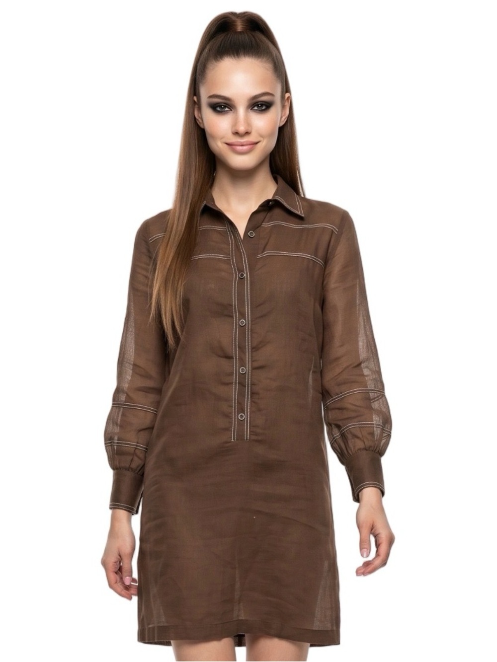 VINTAGE Brown Long Sleeve button down shirt dress Mini Coastal Cowboy Retro SZ S